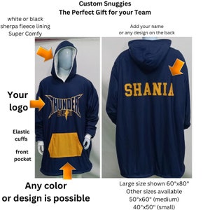 custom logo hooded Snuggie gift for sports teams, dance, gymnastics, cheer, bulk order