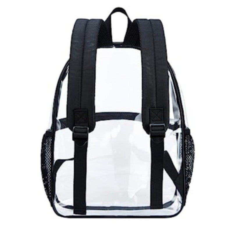 May include: Clear plastic backpack with black adjustable straps and mesh side pockets.