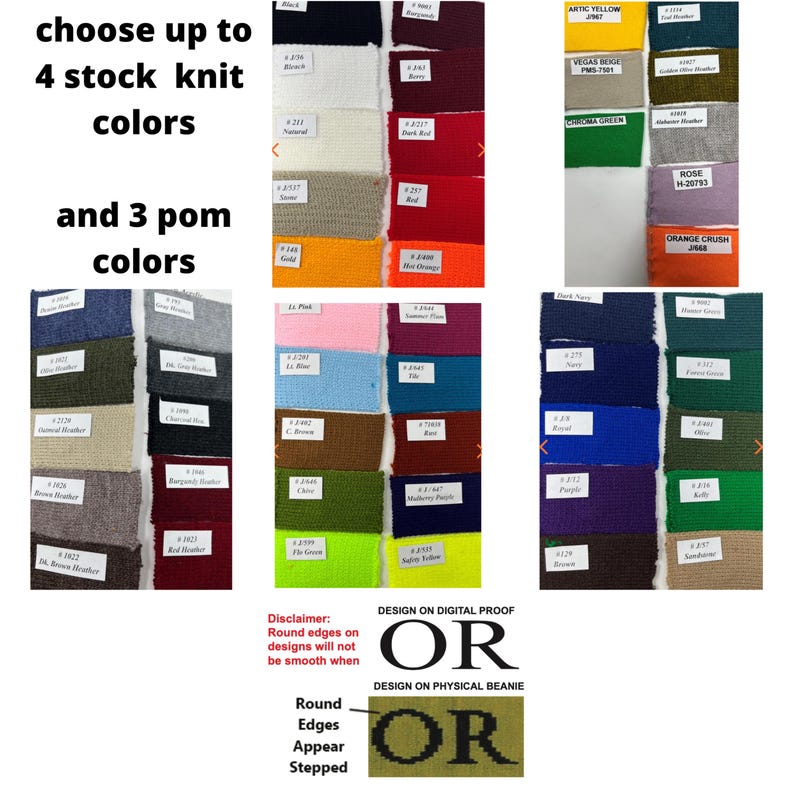 Pu&ograve; includere: Una selezione di colori a maglia e pompon &egrave; esposta, con testo che indica la possibilit&agrave; di scegliere fino a quattro colori a maglia e tre colori a pompon. L'immagine include campioni di colore con etichette e il testo "DESIGN ON DIGITAL PROOF OR DESIGN ON PHYSICAL BEANIE OR".