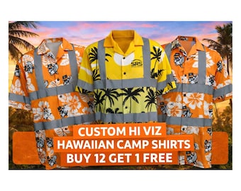 Hi-Vis Hawaiian Construction Tee, Safety Workwear, Hi-Vis Button-Down camp shirt, Outdoor Visibility Shirt, logo, bulk, floral, company