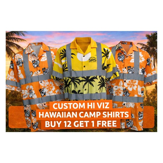 Hi-Vis Hawaiian Construction Tee, Safety Workwear, Hi-Vis Button-Down camp shirt, Outdoor Visibility Shirt, logo, bulk, floral, company