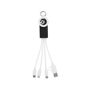 May include: A black and white multi-charger cable with a silver keyring. The cable has a black rectangular base with a white circular top featuring a stylized "N" logo. Four white charging cables extend from the base, each with a different connector.