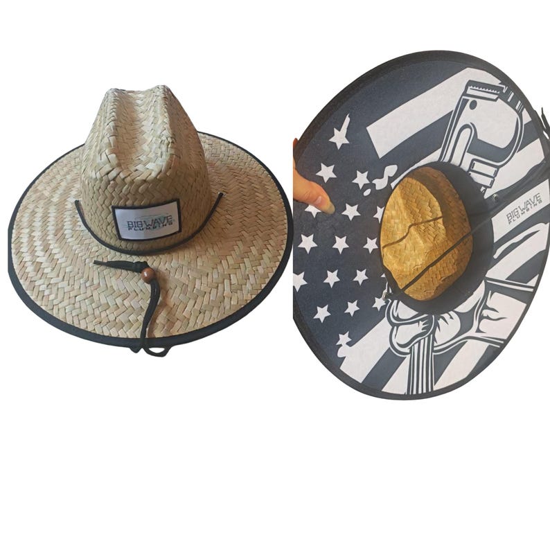 May include: Two straw hats. One is a light brown straw hat with a black brim and a small rectangular patch that says "BIG WAVE". The other hat has a black and white design with stars and stripes.