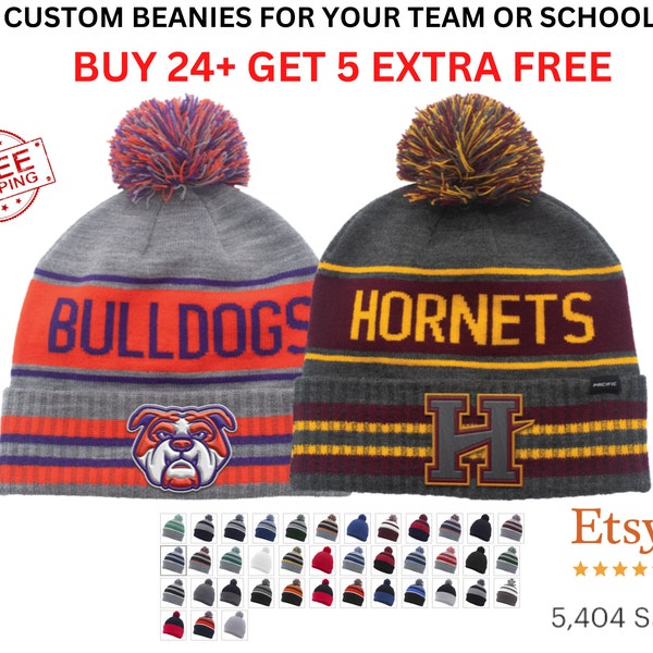 Custom Beanie, Custom Winter Hat, Personalized Beanies with your School or Team Logo, School Spirit Beanie, Custom Pom Beanie Hats, Bulk