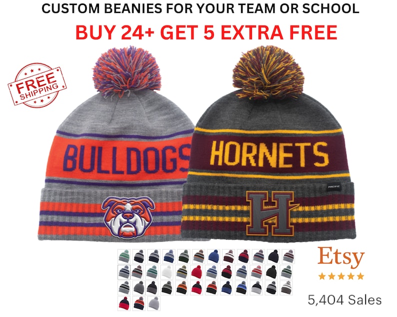 Custom knit winter beanies for your school, team or brand. Our Pom beanies feature your custom knit in design and optional embroidered or sublimated patch on the cuff.