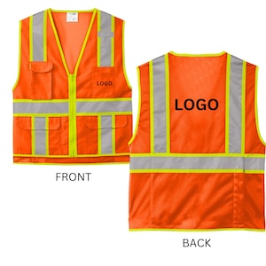 Custom Safety Vest, High Visibility Vest with Pockets, Personalized Hi Vis Vests, Zipper, Safety Orange, Safety Yellow ANSI Class 2