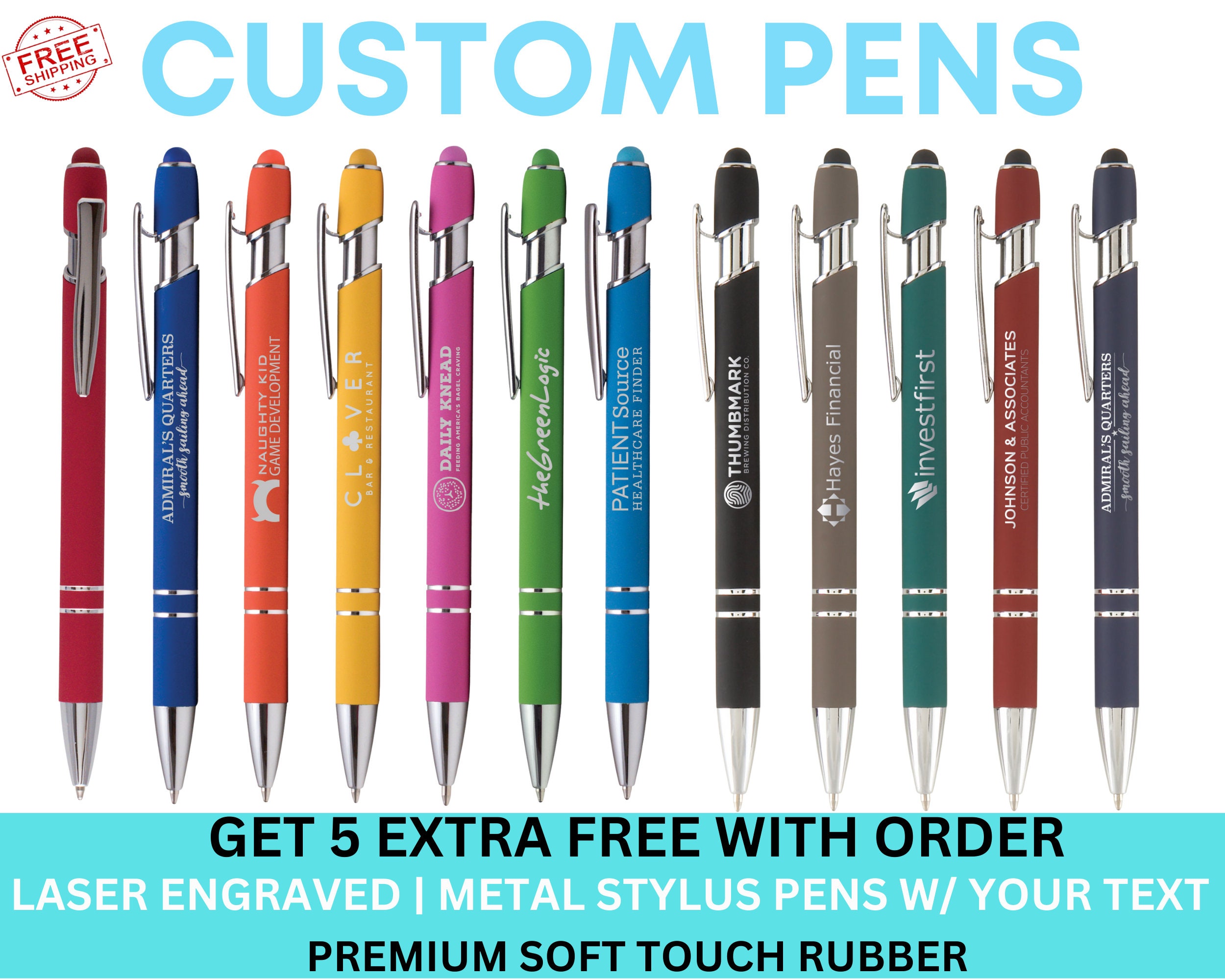 Custom Pens, Personalized Business Pens Bulk, Metal Stylus Rubberized Pens, Promotional Pens, Laser Engraved Ballpoint Pens, Get 5 FREE