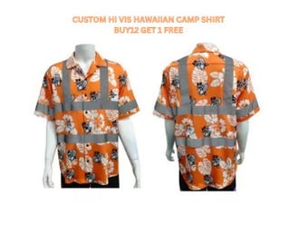 Custom Hi-Vis Hawaiian Shirt – Safety Workwear, Hi-Vis Button-Down camp shirt, Safety, Aloha, Visibility Shirt, logo, bulk, construction tee