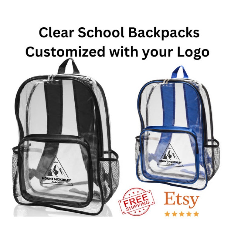 May include: Two clear backpacks with black and blue trim. Both backpacks have a mesh pocket on the side and a clear pocket on the front with a logo that says "Mount McKinley" in black text. The backpack on the left has black trim and the backpack on the right has blue trim. The text "Free Shipping" is in a red circle on the bottom left of the image. The text "Etsy" is in blue text on the bottom right of the image.