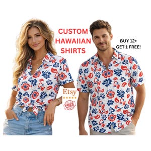 May include: Custom Hawaiian shirts with a white background, featuring a pattern of red lips, blue flowers, and the letters "C&W." The shirts are short-sleeved and button-down. The image includes the text "Custom Hawaiian Shirts" and "Buy 12+ Get 1 Free!"