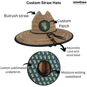 May include: Custom straw hat with a bulrush straw construction, a custom patch, and an adjustable cord with a wood bead. Features a custom sublimated underbrim and a moisture-wicking sweatband. The hat is labeled "Custom Straw Hats".