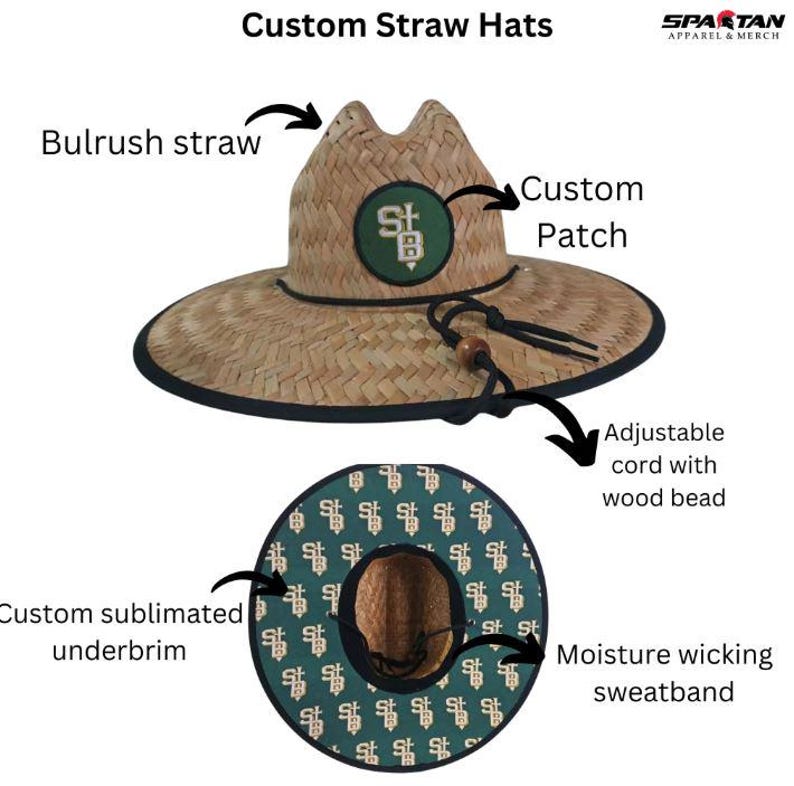 May include: Custom straw hat with a bulrush straw construction, a custom patch, and an adjustable cord with a wood bead. Features a custom sublimated underbrim and a moisture-wicking sweatband. The hat is labeled "Custom Straw Hats".
