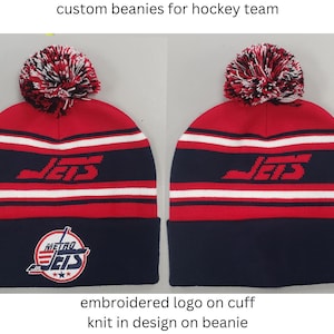 Custom winter hats for hockey teams.