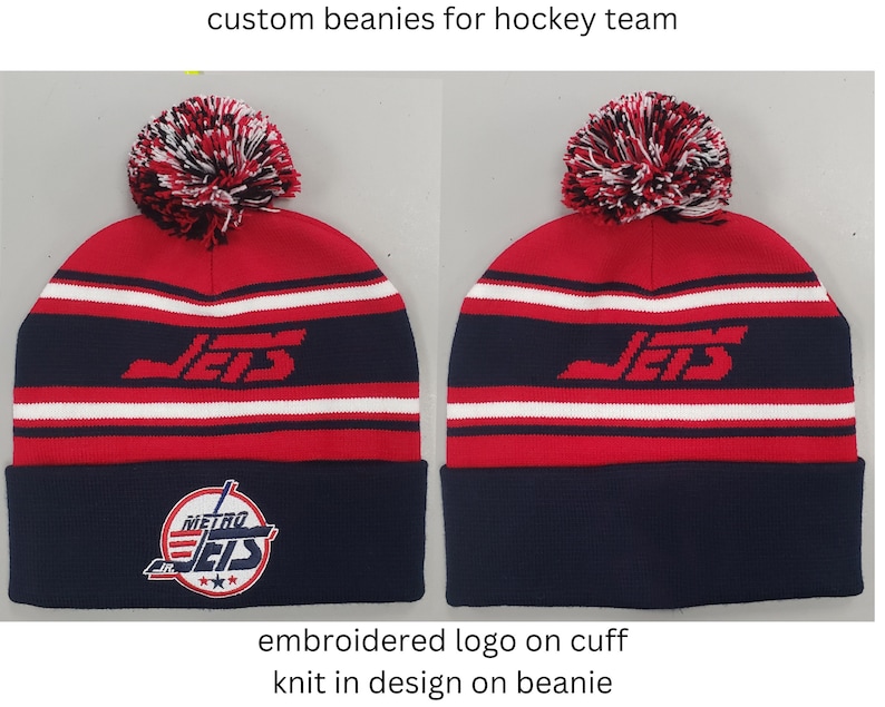 Custom winter hats for hockey teams.