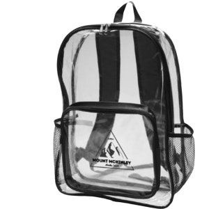 May include: Clear plastic backpack with black straps and trim. The backpack has a mesh pocket on each side and a large zippered compartment in the front. The logo "MOUNT MCKINLEY Made in U.S.A." is printed on the front of the backpack.