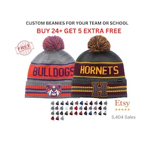 Custom Beanie Winter Hat, Personalized hat with your school or team Logo, Pom, Bulk