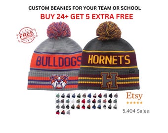 Custom Beanie Winter Hat, Personalized hat with your school or team Logo, Pom, Bulk