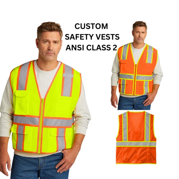 Custom Safety Vest, High Visibility Vest with Pockets, Personalized Hi Vis Vests, Zipper, Safety Orange, Safety Yellow ANSI Class 2