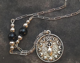 Moon Goddess Pewter Necklace, Black Glass Beads, Sterling Clasp
