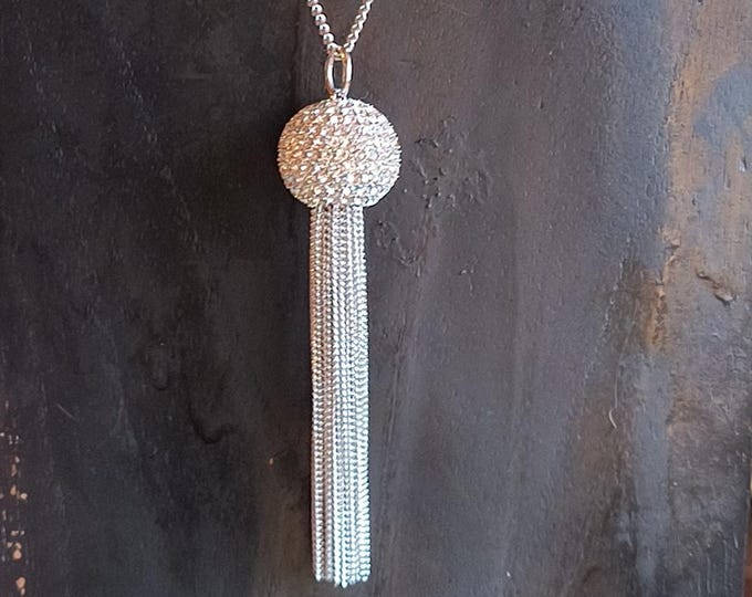 Deco Flapper Rhinestone Necklace with Tassell Pendant, Long Chain