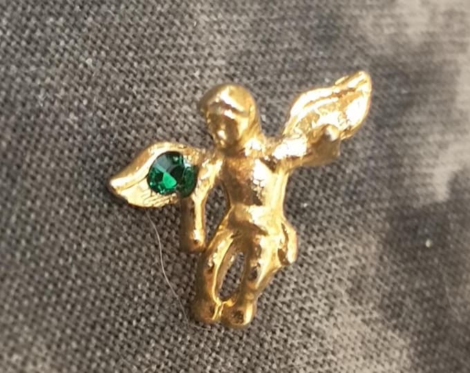 Vintage Guardian Angel Lapel Pin with Emerald Green Gem - May Birthstone