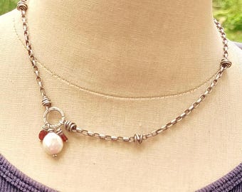 Vintage Handmade Sterling Silver Chain with PEarl and Garnet Drops, 16 inches