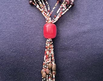 Vintage African Multistrand Bead Necklace / Seed Pods Called 'Job's Tears' Mixed with Glass and Bright Colors -
