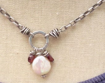 Vintage Artisan Handmade Sterling Silver Necklace Chain with Pearls and Garnets