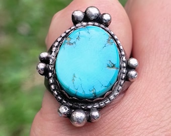 Antique Navajo Signed Turquoise Ring from the American Southwest, Size 7