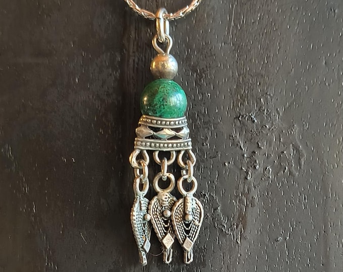 Vintage Chrysocolla & Silver Filigree Pendant - 1950-60s Eliat Stone from Israel / the Middle East