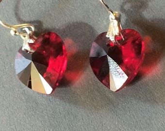 Blood Red Heart Earrings, Vintage 80s Crystal Glass Drops