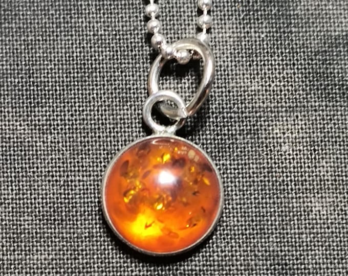 Vintage Amber Charm Pendant in Sterling Silver, Talisman for Long Life and Emotional Calm / Layering Necklace