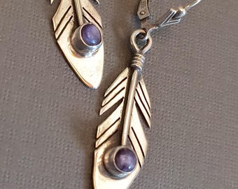 Silver & Wampum Feather Earrings - Sterling Silver, Signed Native American Drops
