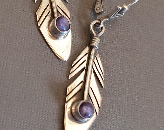 Silver & Wampum Feather Earrings - Sterling Silver, Signed Native American Drops