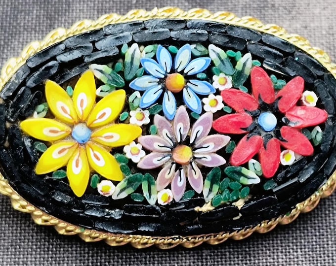 Mid-Century MicroMosaic Brooch from Italy, Black Gothic Background, Colorful Flowers