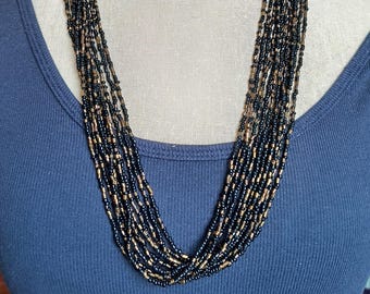 Vintage Seed Bead Necklace & Bracelet Set in Black and Gold
