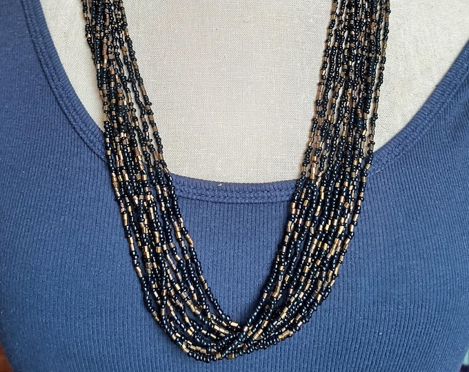 Vintage Seed Bead Necklace & Bracelet Set in Black and Gold