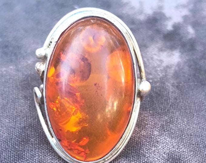Baltic Amber & Sterling Silver Ring, Boho Style Bold Statement Ring
