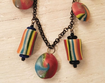 Rainbow Polymer Bead Charm Necklace, Handmade in Maine