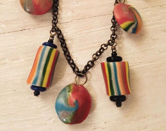 Rainbow Polymer Bead Charm Necklace, Handmade in Maine