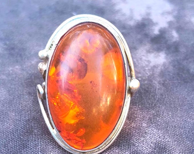 VINTAGE Baltic Amber & Sterling Silver Ring, Boho Style Bold Statement Ring