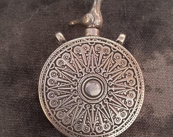 Vintage Perfume Bottle Pendant from the Middle East, Sterling Silver with Bird Figural Topper