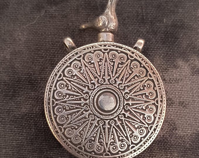 Vintage Perfume Bottle Pendant from the Middle East, Sterling Silver with Bird Figural Topper