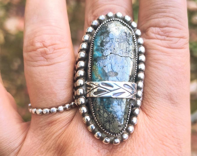 Vintage Native American Turquoise Ring, Signed, Sterling Silver, Size 13