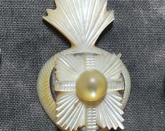Antique Carved Mother of Pearl Sacred Heart Pendant - Victorian Era Religious Finery