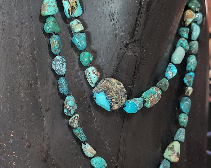Turquoise Necklace, Rough Tumbled Turquoise Beads from Around the World, 32 inches long