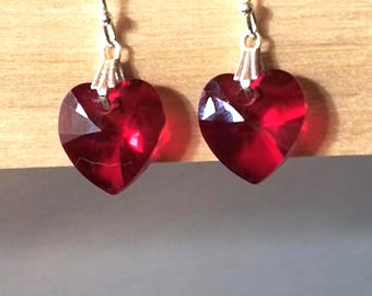 Vintage Red Crystal Heart Drop Earrings, 1980s Vampire / Valentine