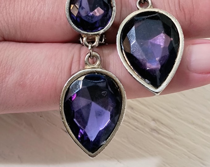 Oversized Purple Rhinestone Clip Earrings from the 1980s