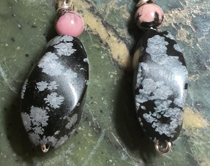 Snowflake Obsidian & Rhodonite Drop Earrings, Sterling SIlver Leverback Findings