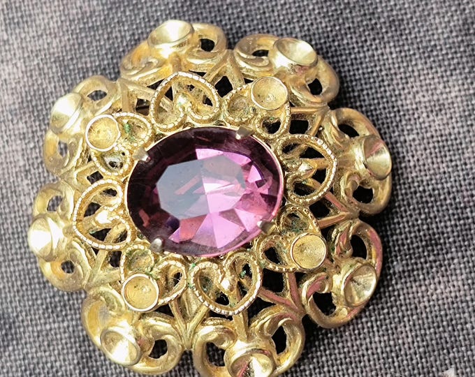 Victorian Revival Amethyst Glass Brooch in Goldtone